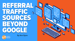 A desktop computer screen, keyboard, and multiple alternate screens represent the world of referral traffic sources beyond Google.